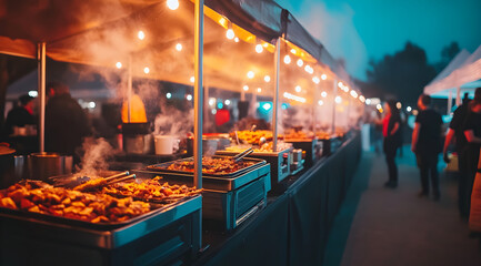Fototapeta premium A vibrant outdoor food market scene filled with smoke, glowing lights, and delicious grilled dishes, creating a lively evening atmosphere.