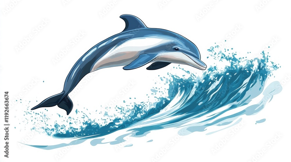 Poster dolphin leaping gracefully over a vibrant wave in a dynamic ocean illustration. generative ai
