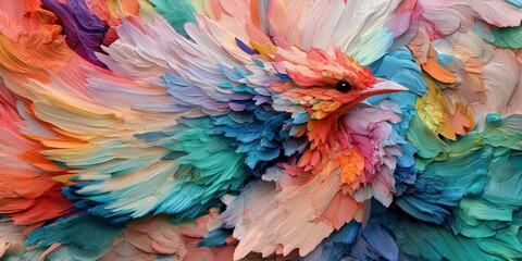 Obraz premium A vibrant, artistic representation of a colorful bird, featuring intricate feather-like textures and a mesmerizing blend of hues.