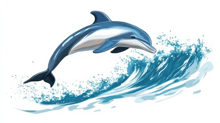Obraz premium Dolphin leaping gracefully over a vibrant wave in a dynamic ocean illustration. Generative AI