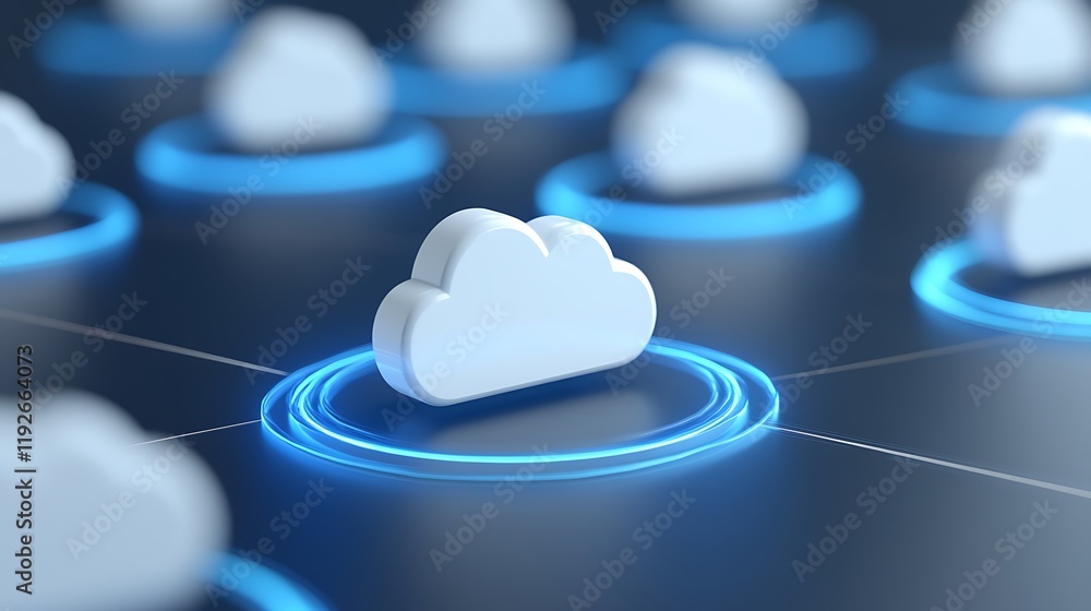 Poster modern cloud storage concept with 3d clouds and glowing circular elements on dark background