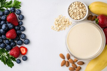 Protein powder lifestyle concept. A vibrant arrangement of fresh fruits, oats, and nuts, featuring a creamy smoothie bowl, ideal for healthy eating visuals.
