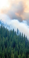 Obraz premium Smoke plume visible from miles away over blazing forest, wildfire, harbinger of disaster.