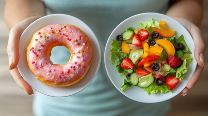 A person choosing between a donut and a salad, emphasizing the impact of dietary habits on health and disease risks. The contrasting foods highlight the choices that affect long-term wellness 