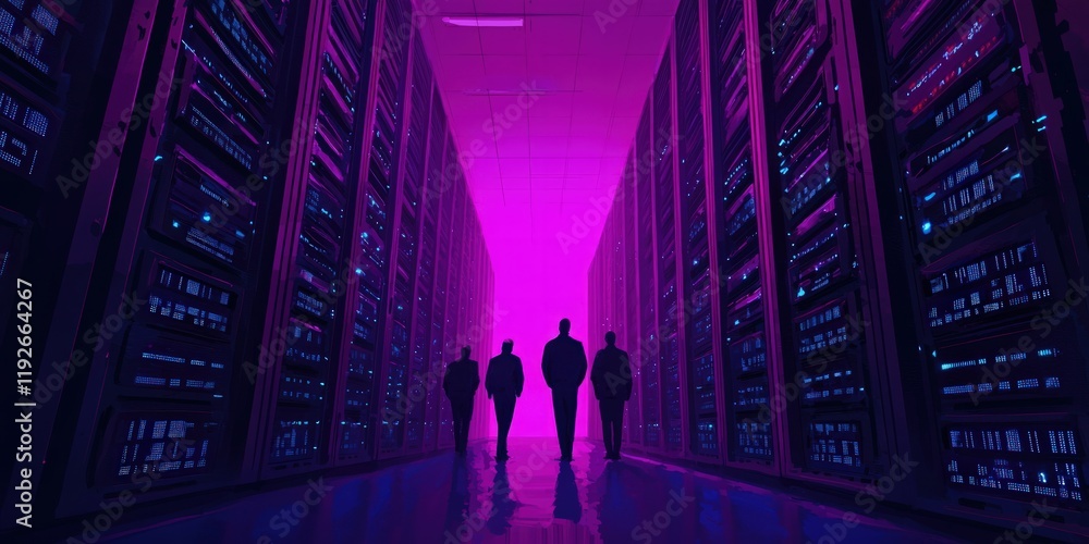 Poster a group of silhouetted figures stands in a futuristic data center illuminated by vibrant purple ligh
