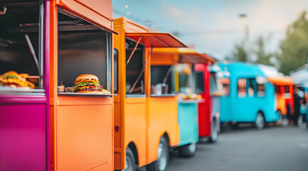 A vibrant lineup of colorful food trucks showcasing delicious burgers, set against a bright sky, inviting food lovers to enjoy a culinary experience.