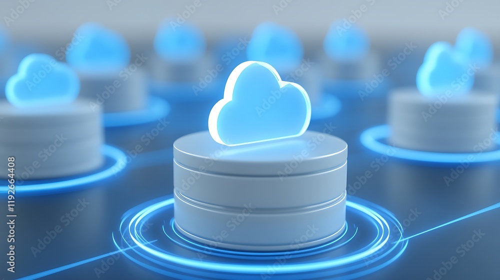 Poster modern cloud storage system with neon clouds and digital circuits on a futuristic network background