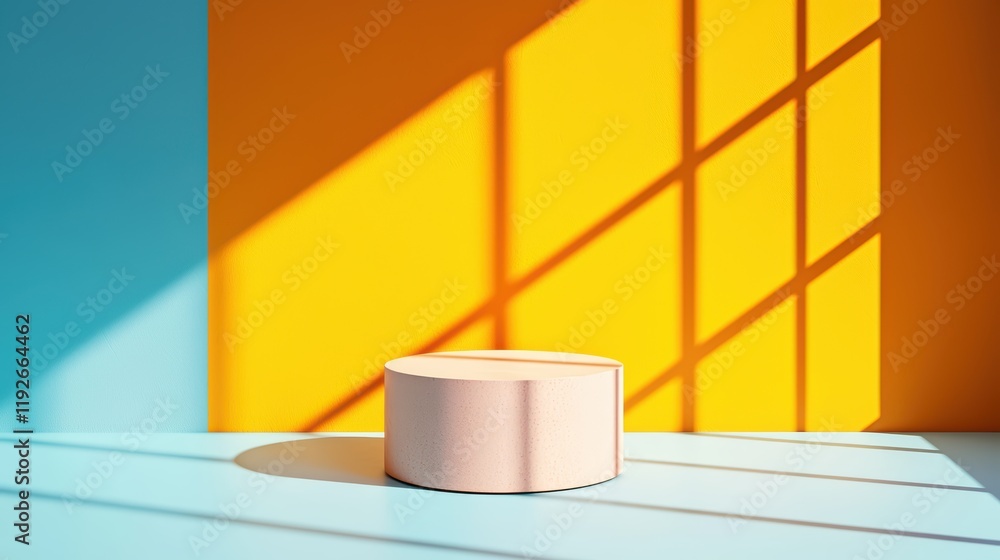 Poster geometric display pod on vibrant background with light patterns