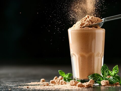 Protein powder lifestyle concept. Creamy chocolate drink topped with cocoa powder, presented in a clear glass with mint leaves and scattered cocoa pieces on a dark surface.