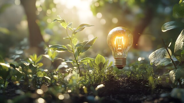 A whimsical scene depicting a lightbulb sprouting like a young plant in a lush green garden, with sunlight filtering through the leaves above. The contrast between the natural elements and the 