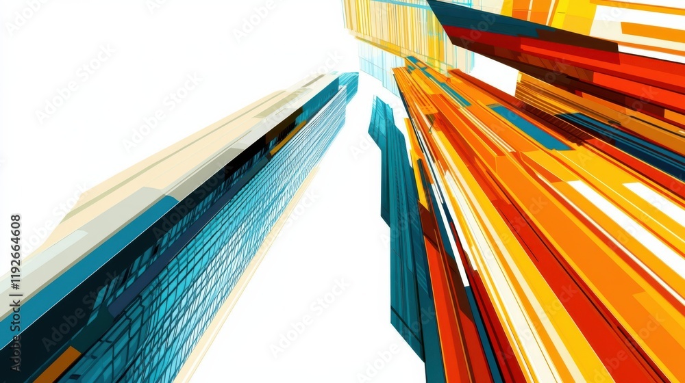 Poster abstract dynamic design featuring colorful geometric shapes and lines converging towards the sky, sh