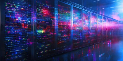 Obraz premium A vibrant data center with glowing server racks and a colorful digital backdrop, showcasing high-tech computing and network activity.