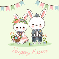 Cute rabbits boy and girl in a blooming meadow. A rabbit with a basket of Easter eggs.; An Easter card.