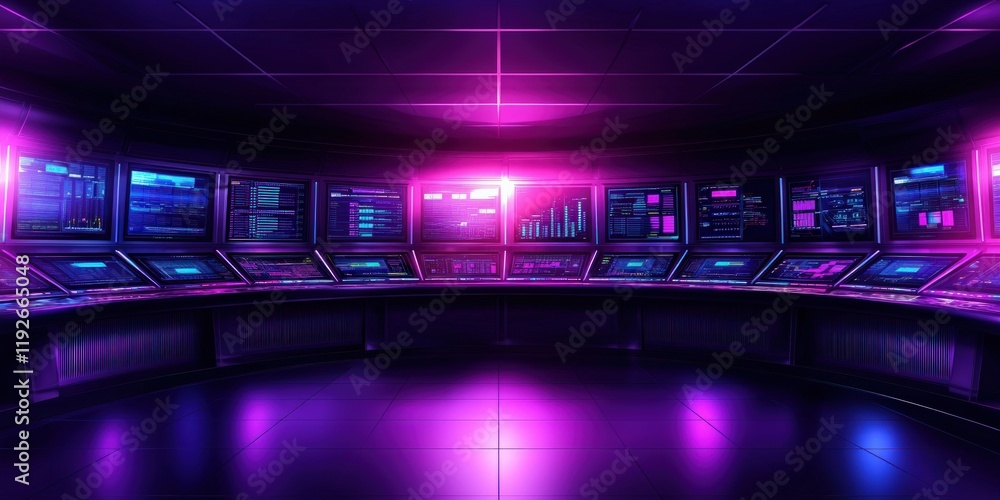 Poster a futuristic control room illuminated by vibrant purple and blue lights, featuring multiple screens 