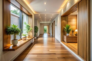 Obraz premium Serene Minimalist House Corridor: Wooden Accents & Soft Light, Tranquil Interior Design Stock Photo