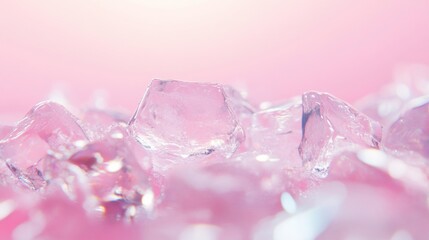 Clear ice cubes are arranged on a vibrant pink surface, capturing the essence of coolness and color, perfect for summer refreshment captures