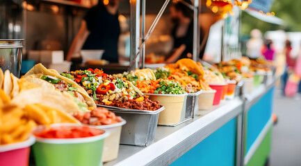 A vibrant food truck offers a colorful display of tacos and toppings, enticing visitors with a variety of delicious, fresh options.