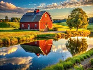 Fototapeta premium Serene Summer Countryside: Red Barn by Lake, Peaceful Landscape