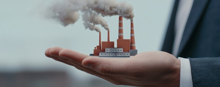 Model of a factory emitting smoke in a businessmans hand, emphasizing the interrelation of industrial growth, economic potential, and ecological challenges