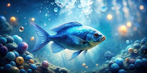 Fototapeta premium Serene Underwater Double Exposure: Blue Fish & Bubbles Stock Photo
