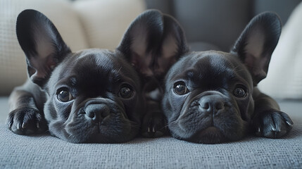 pareja de  bulldog francés acostados en un sofá relajados