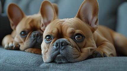 Fototapeta premium pareja de bulldog francés acostados en un sofá relajados