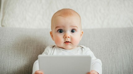 Cozy couch setting features a baby calmly watching a tablet, showcasing curiosity and concentration in a bright, inviting atmosphere