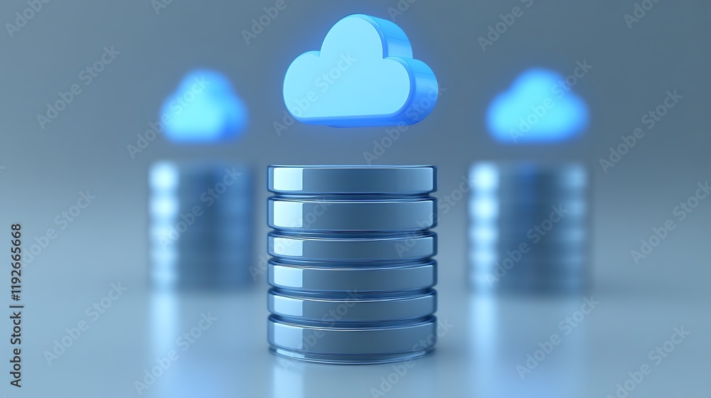 Poster modern data storage concept with cloud technology and metallic database stacks on a soft gray backgr