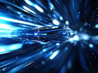 An abstract depiction of a futuristic spacecraft traveling through a vibrant blue light tunnel, creating a sense of speed and motion.