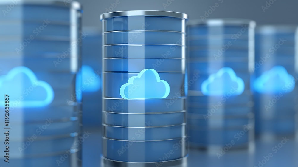 Aufkleber modern data storage visualization with cloud icons in sleek metallic cylinders on reflective surface