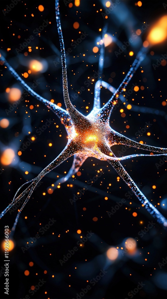 Poster a vibrant depiction of a neuron, showcasing intricate connections and glowing particles, illustratin