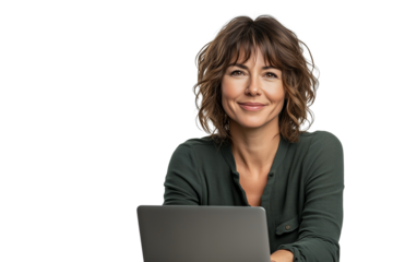 business woman with laptop isolated on transparent