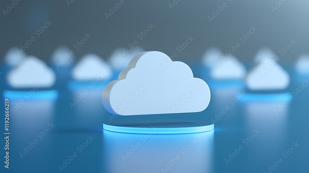 Poster modern digital cloud icons with blue glow on a soft blue background for technology and data concepts