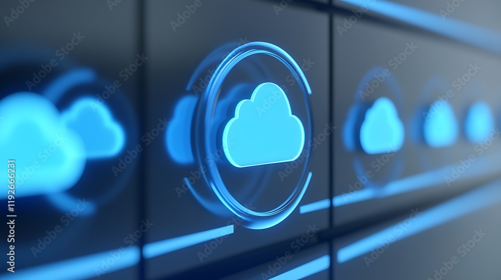 Aufkleber modern digital cloud icons with blue light displayed on a dark background for technology concepts