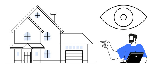 Person pointing while using laptop, house with windows and garage, eye symbol. Ideal for security, home monitoring, technology, surveillance, online safety remote control smart home. Abstract line