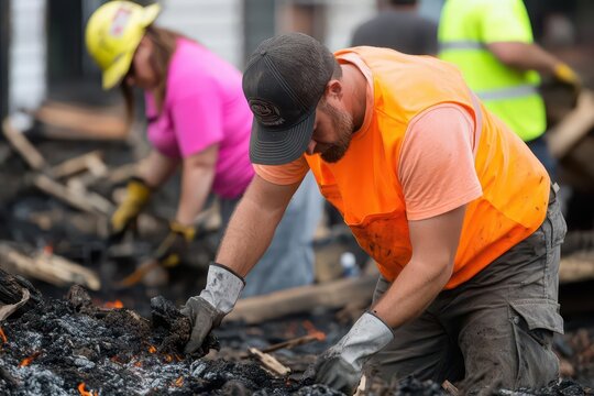 Groups of volunteers clearing fire-damaged areas, wildfire aftermath, rebuilding efforts