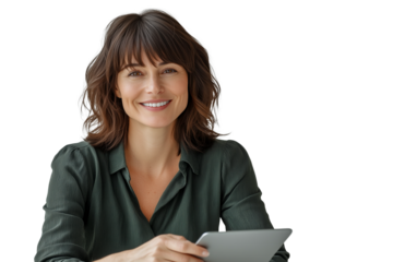 Beautiful business woman typing on tablet isolated on transparent