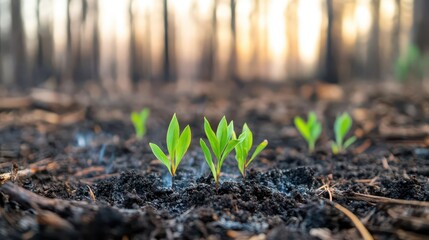 Green shoots spreading across the forest floor in spring, reviving the land with a vibrant carpet of life post a devastating wildfire.