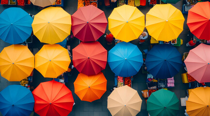 A vibrant aerial view of colorful umbrellas arranged in a pattern, creating a lively and cheerful atmosphere.