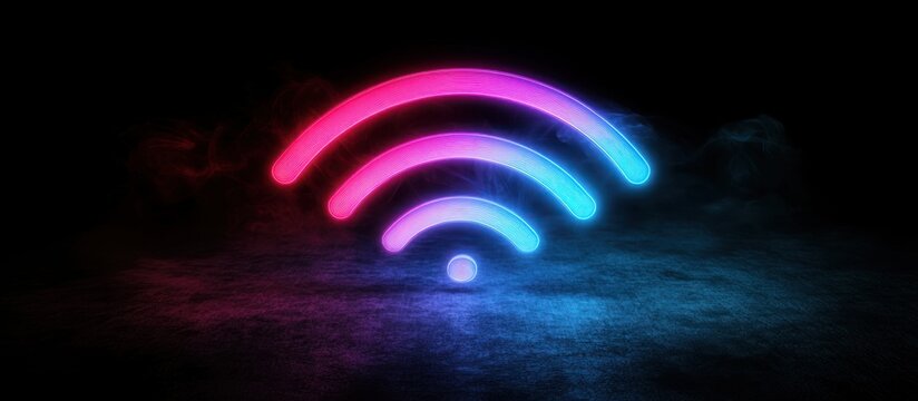 Glowing neon wifi symbol on dark background.