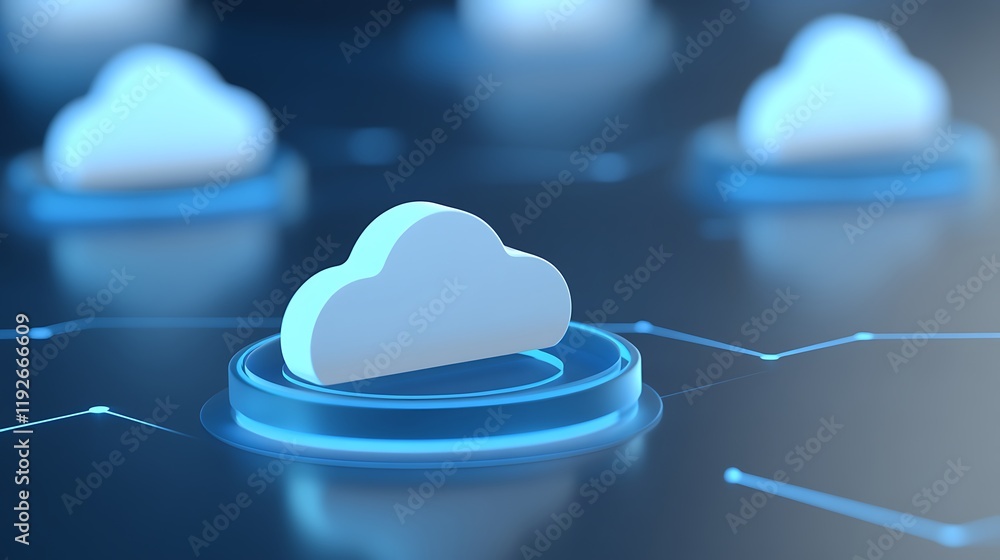 Poster modern digital cloud technology concept with three clouds and glowing connection circles for data st