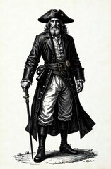 Obraz premium pirate standing with sword wearing traditional retro attire. vintage black and white engraving illustration of historical maritime figure. nautical adventure. book cover, poster.