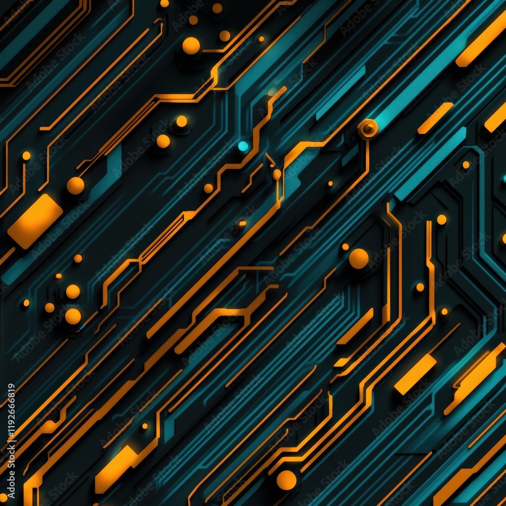 Poster a vibrant abstract design featuring intricate lines and circuits in teal and orange, evoking a sense