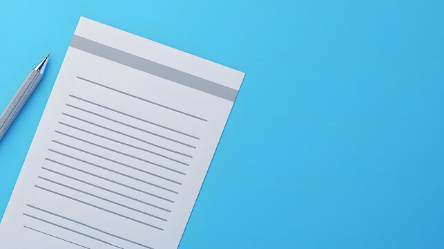 Una hoja con l&iacute;neas horizontales y un bol&iacute;grafo gris est&aacute;n sobre una superficie azul. La imagen sugiere escritura, toma de notas o planificaci&oacute;n en un entorno limpio y ordenado.