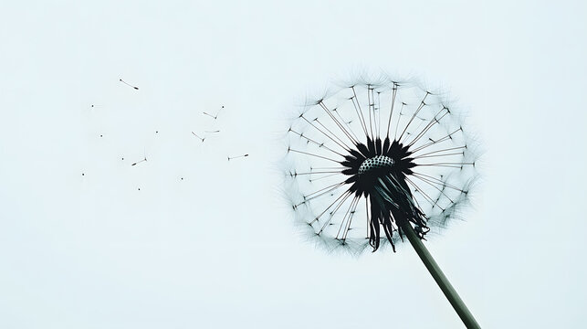 diente de león en primer plano, con algunas de sus semillas volando suavemente en el aire. El fondo es claro y minimalista, lo que resalta la delicadeza y ligereza de la planta. La escena transmite un