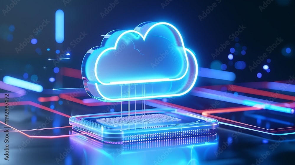 Aufkleber neon cloud computing concept with circuit board and glowing elements representing digital storage an