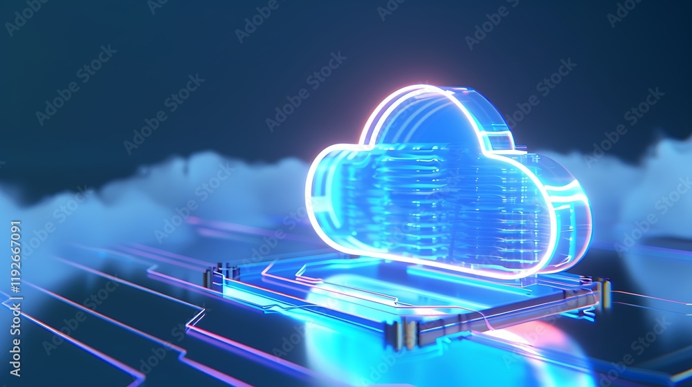 Poster neon cloud computing concept with futuristic elements and digital technology background