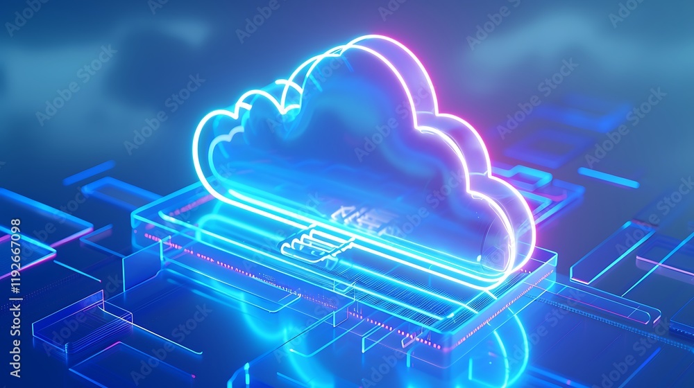 Poster neon cloud computing concept with futuristic design and digital background for technology themes