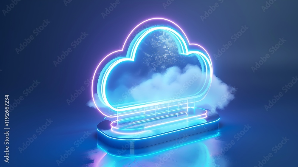 Poster neon cloud display with illuminated edges and ambient mist over a glossy surface