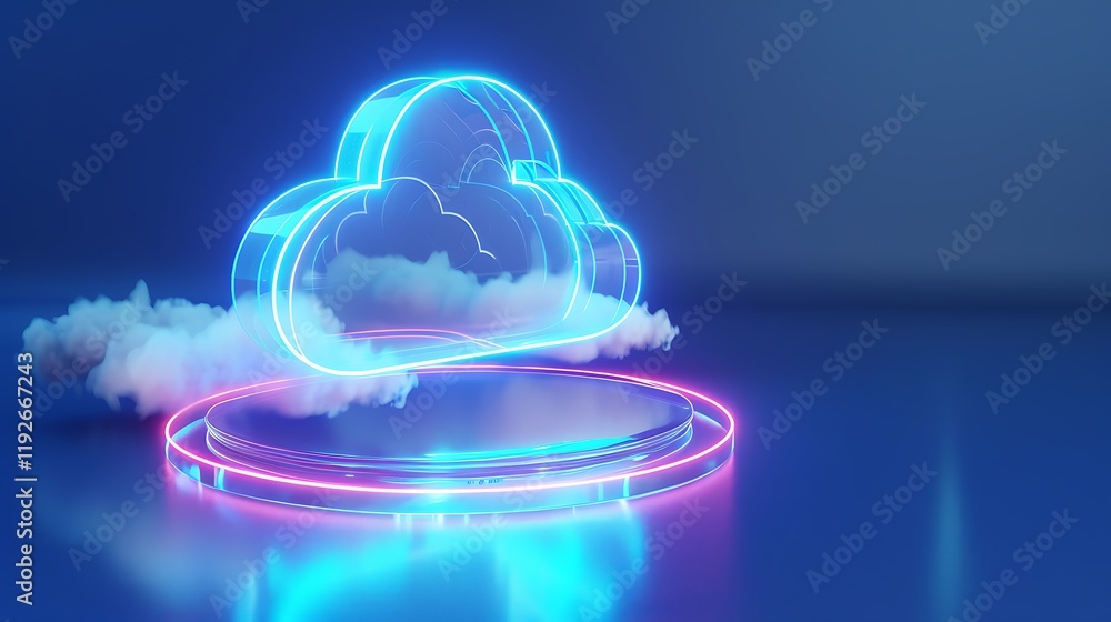 Poster neon cloud display with colorful light effects and reflection in a dark space background